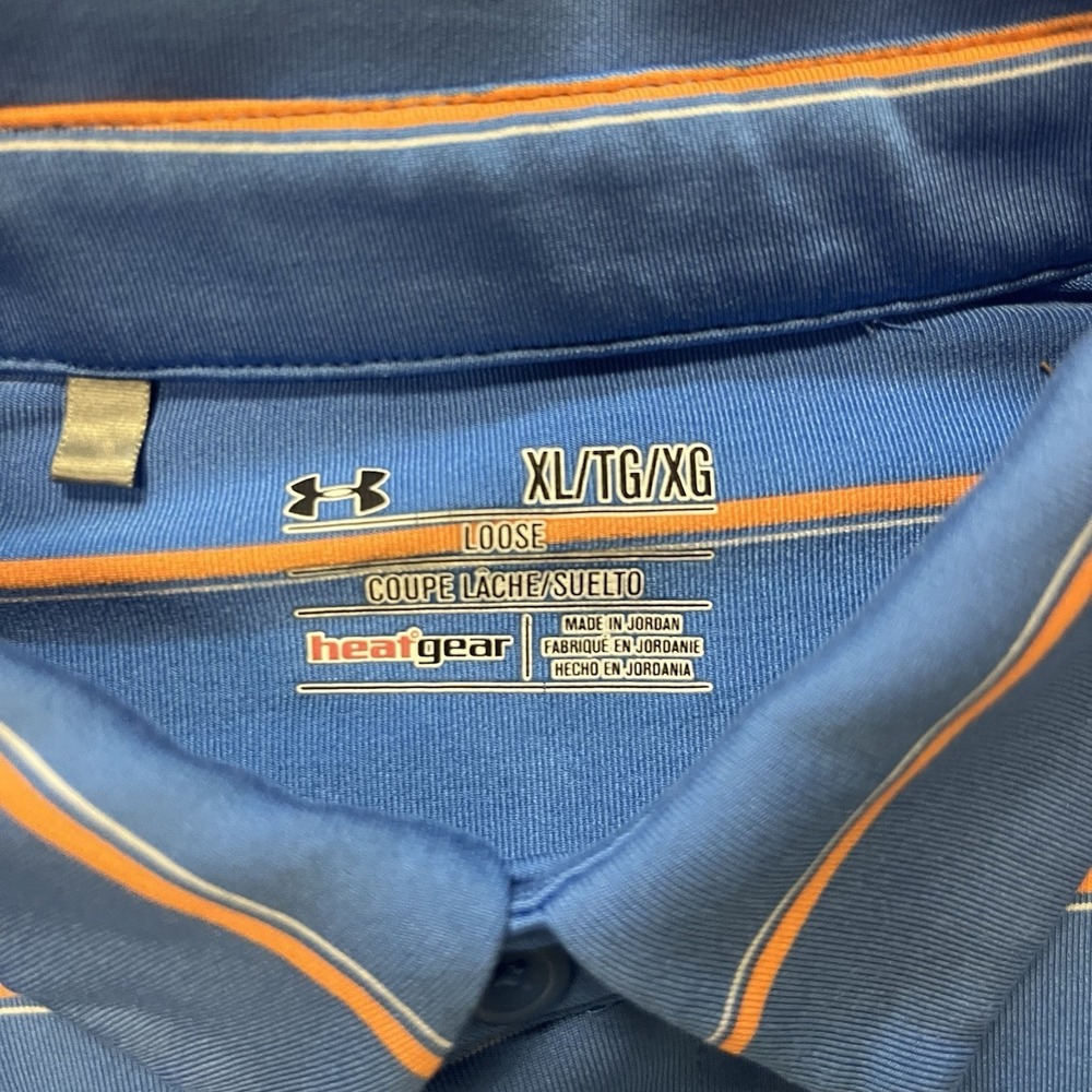 Under Armour Polo Shirt Mens XL Blue Orange Striped HeatGear The Preserve Golf - Picture 2 of 7